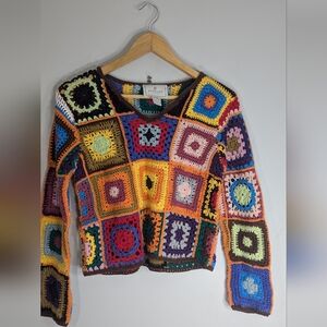 Crochet Multicolor Patchwork Sweater Vintage Express TriCot Sweater Womens Large